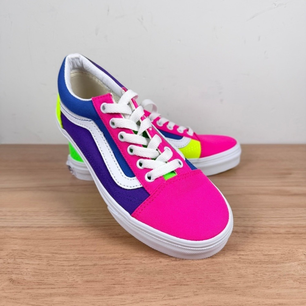 Vans Old Skool Neon Color Block Kids Sneakers Size 2 Low Top Skate Shoes Bright